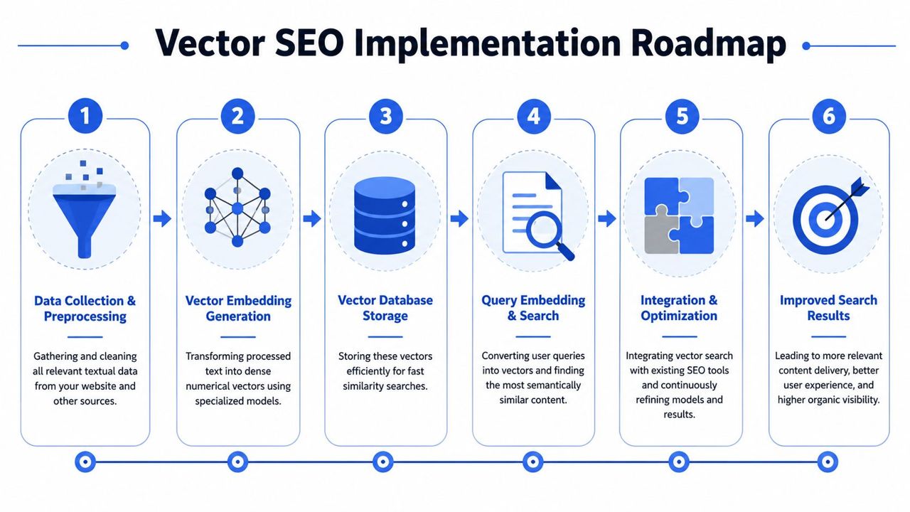A six-step roadmap illustrating the implementation process of Vector SEO for improved search engine results and visibility.