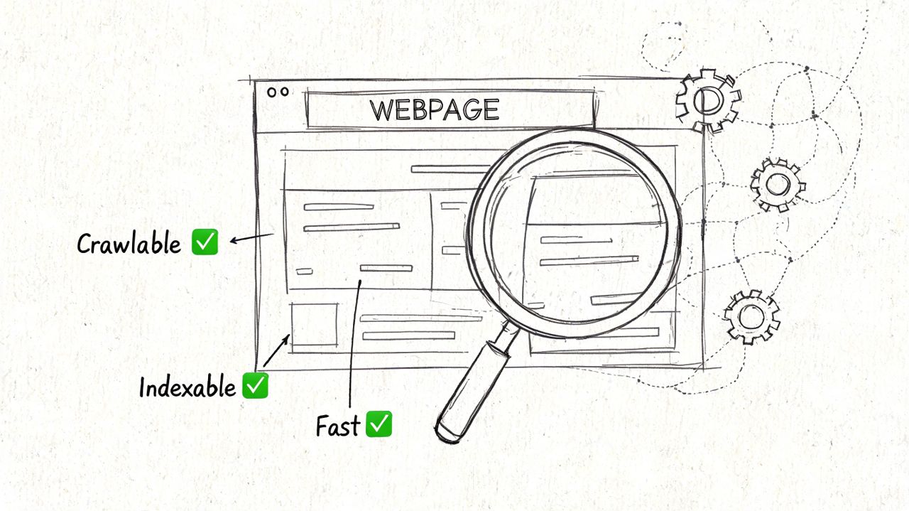 A hand-drawn sketch of a webpage being analyzed by a magnifying glass with icons representing search engine optimization.