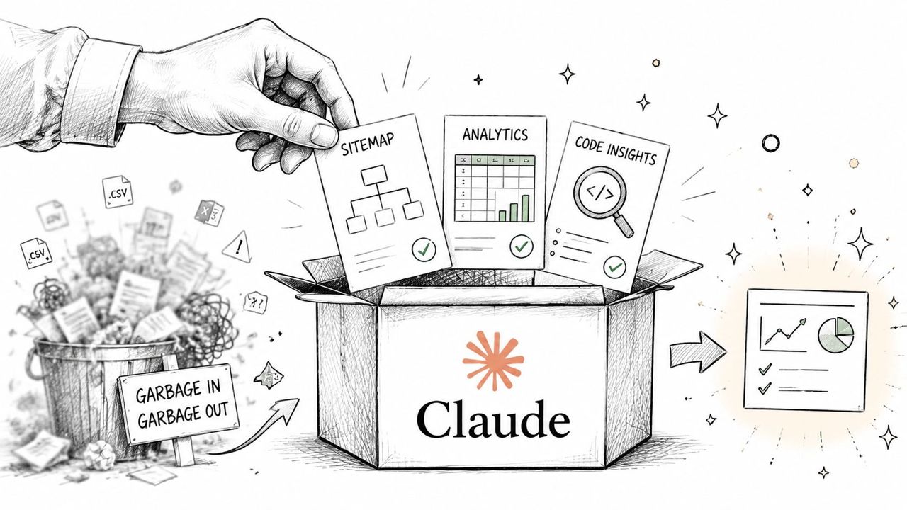 A conceptual illustration showing Claude AI processing raw data to produce optimized website analysis and reports.