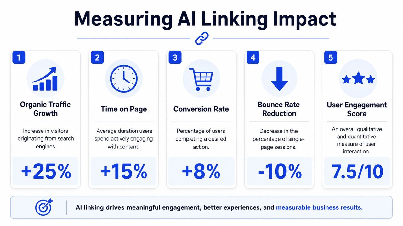 An infographic showing five key metrics for measuring the business impact of AI internal linking strategies.