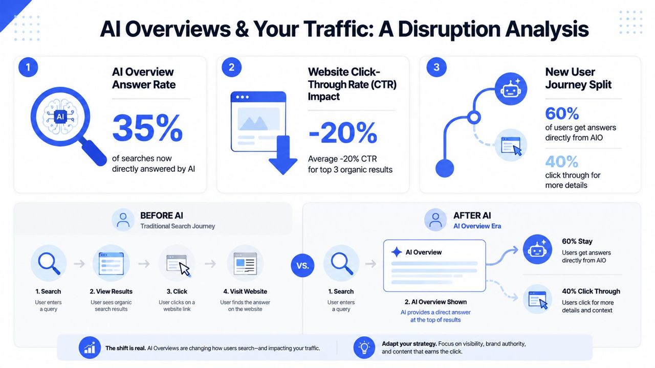 An infographic showing how AI Overviews change search traffic with statistics on click-through rate impacts.