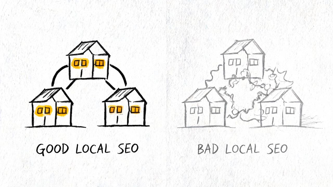 A conceptual diagram showing structured linking between three houses versus chaotic connections representing local SEO strategies.