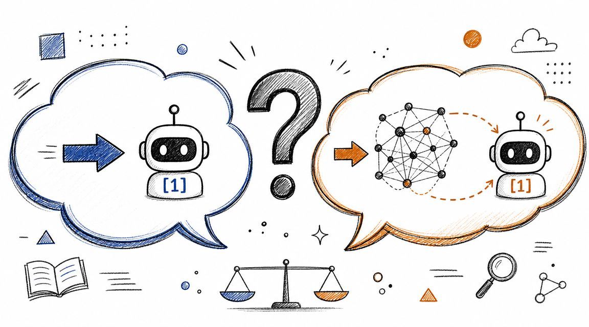 A hand-drawn illustration showing a robot, a question mark, and a neural network symbolizing AI search processes.