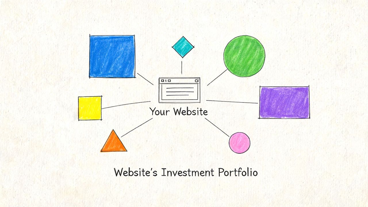A hand-drawn diagram illustrating a website connected to various shapes representing an investment portfolio or backlink structure.