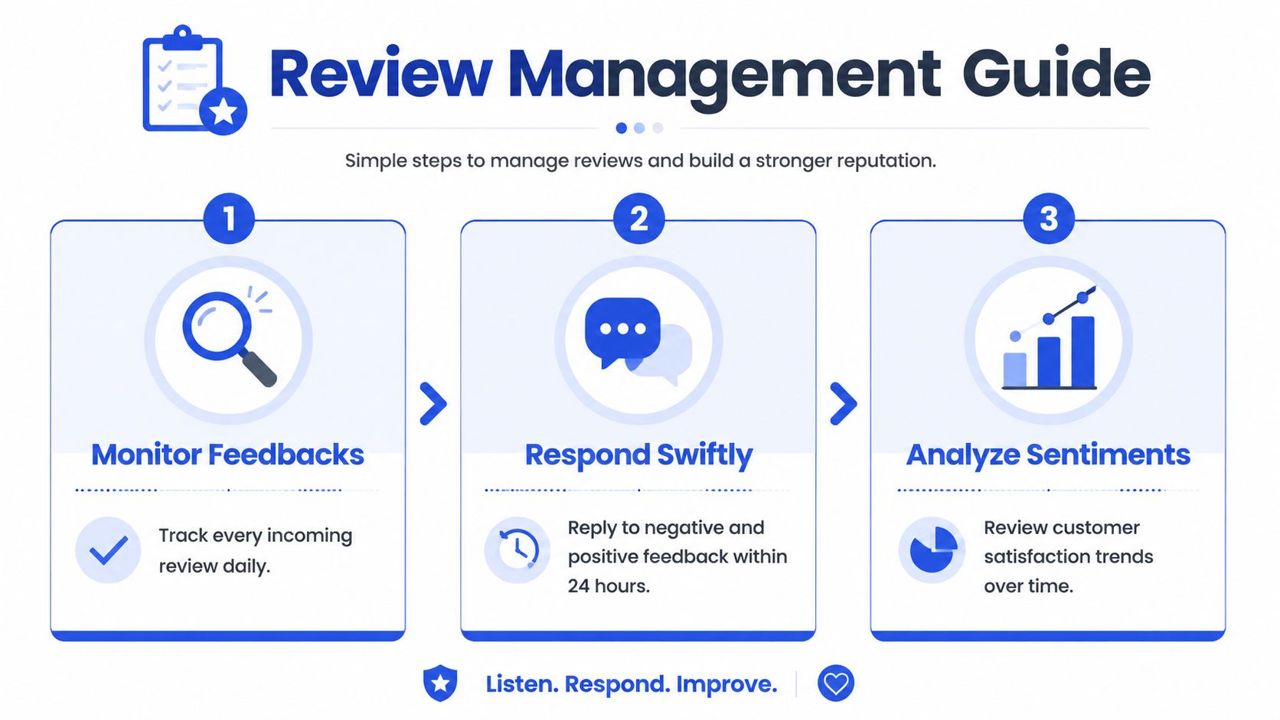 An infographic titled Review Management Guide outlining three simple steps: monitor feedback, respond swiftly, and analyze sentiments.