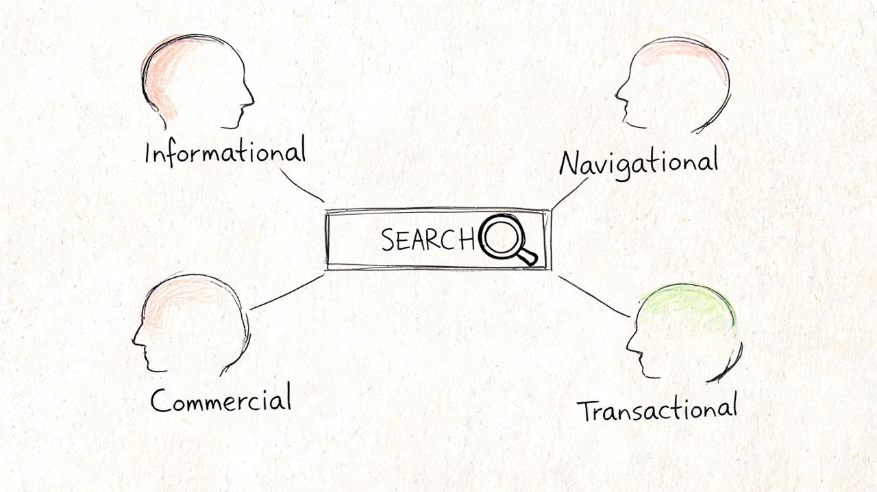 A hand-drawn illustration showing the four types of search intent: informational, navigational, commercial, and transactional.