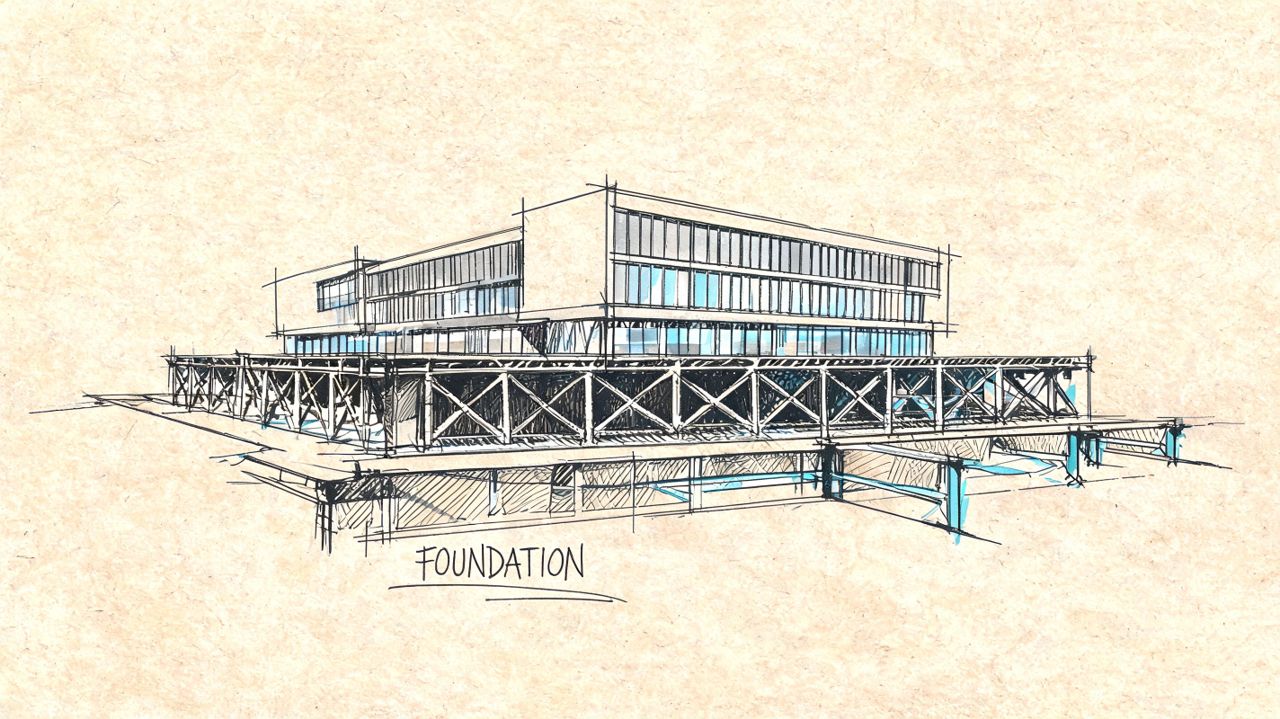 A pencil and watercolor architectural sketch of a modern building supported by an intricate steel truss foundation.