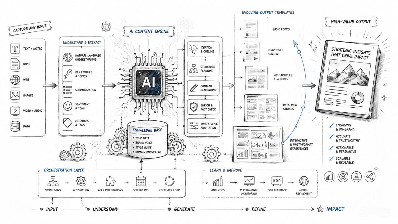 A hand-drawn diagram illustrating an AI content engine process from input capture to high-value strategic output.