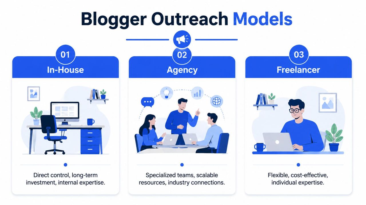 An infographic comparing three blogger outreach models including in-house, agency, and freelancer team structures.