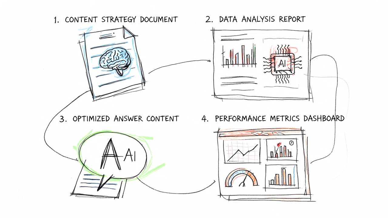 A hand-drawn flowchart illustrating a four-step cycle for AI-driven search optimization and content strategy processes.