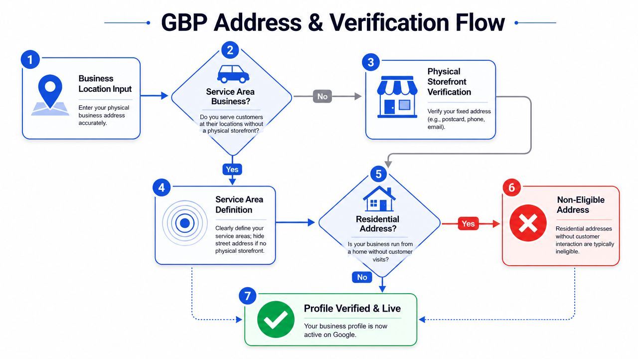 A flowchart diagram explaining the Google Business Profile address and verification process for different business types.