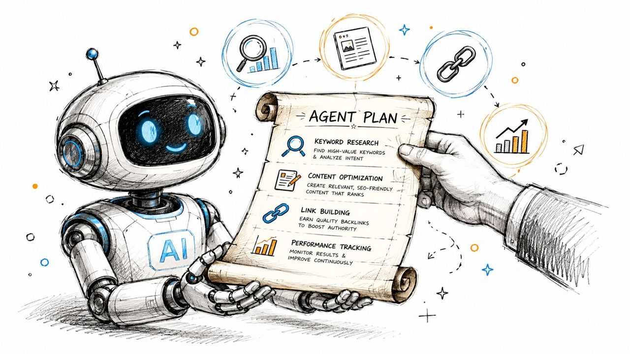 A friendly robot showing a scroll labeled Agent Plan with SEO tasks like keyword research and link building.