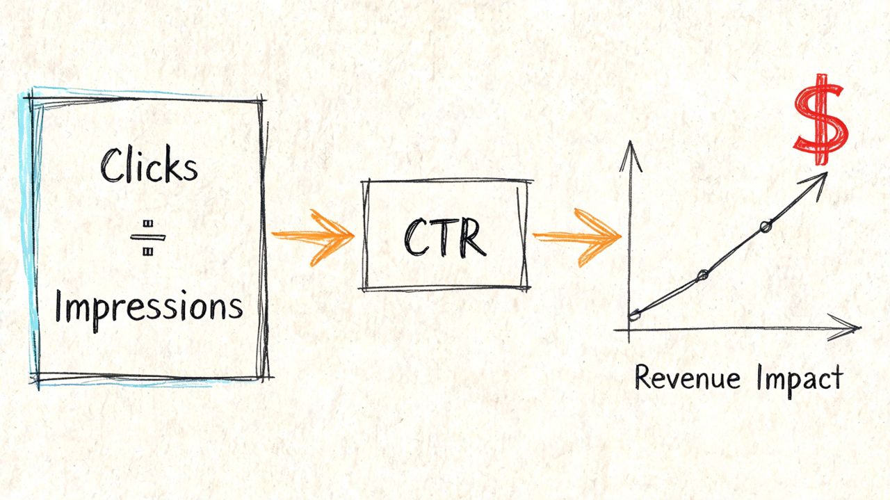 A hand-drawn flowchart illustrating how dividing clicks by impressions results in CTR, leading to positive revenue impact.