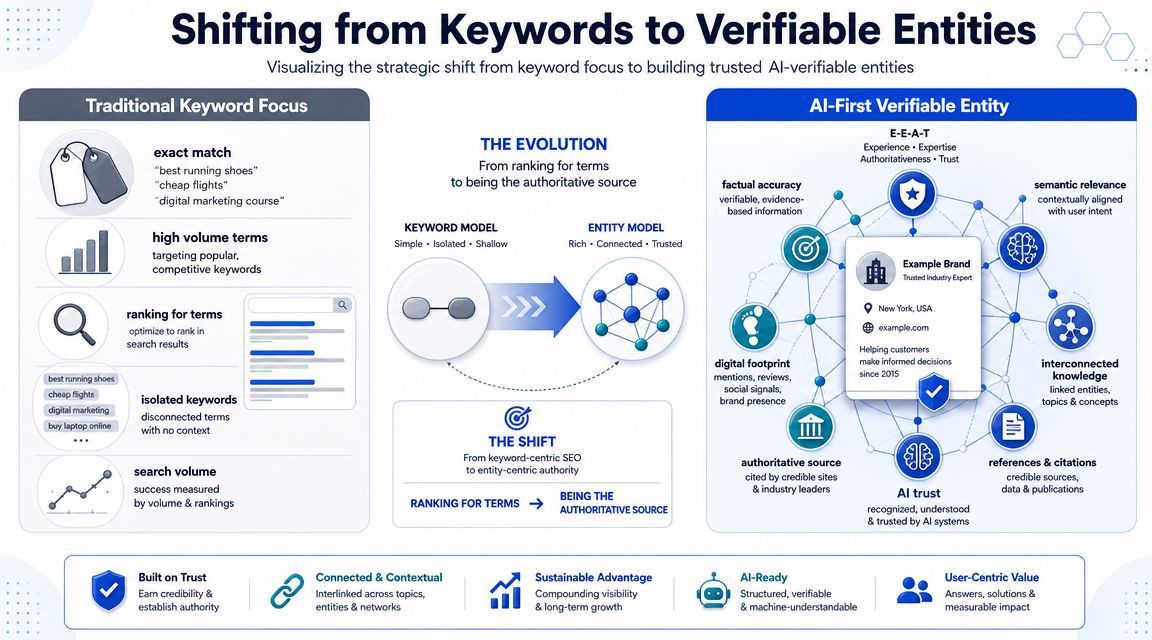 A diagram illustrating the shift from traditional keyword-focused SEO to building trusted, AI-verifiable entities for modern digital authority.
