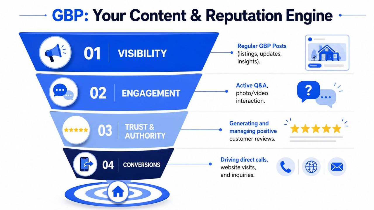 A funnel infographic explaining Google Business Profile as a tool for reputation management and customer conversion.