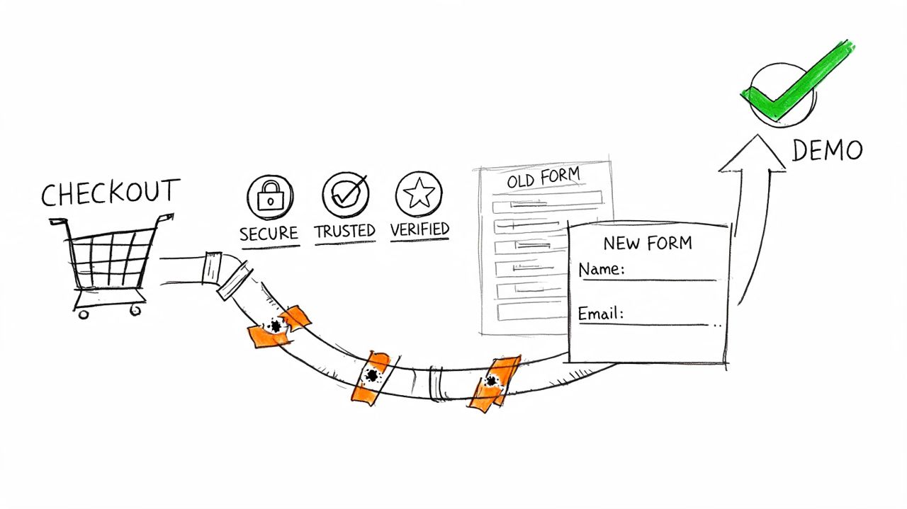 A hand-drawn illustration showing a checkout process moving from a leaky pipe to a new, simplified form.