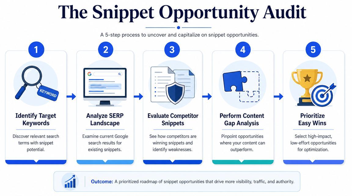 A five-step process infographic illustrating how to audit and optimize content for Google featured snippets.