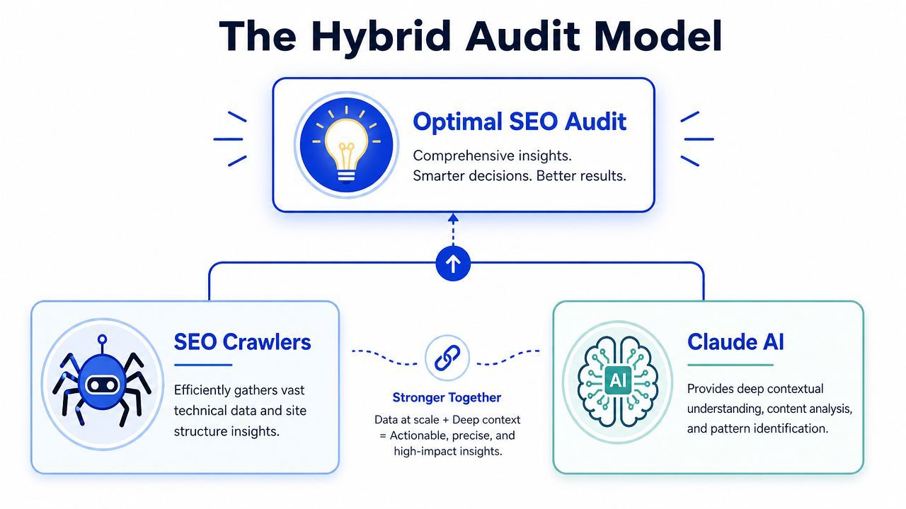 A diagram illustrating a hybrid SEO audit model combining automated crawlers with Claude AI analysis for results.