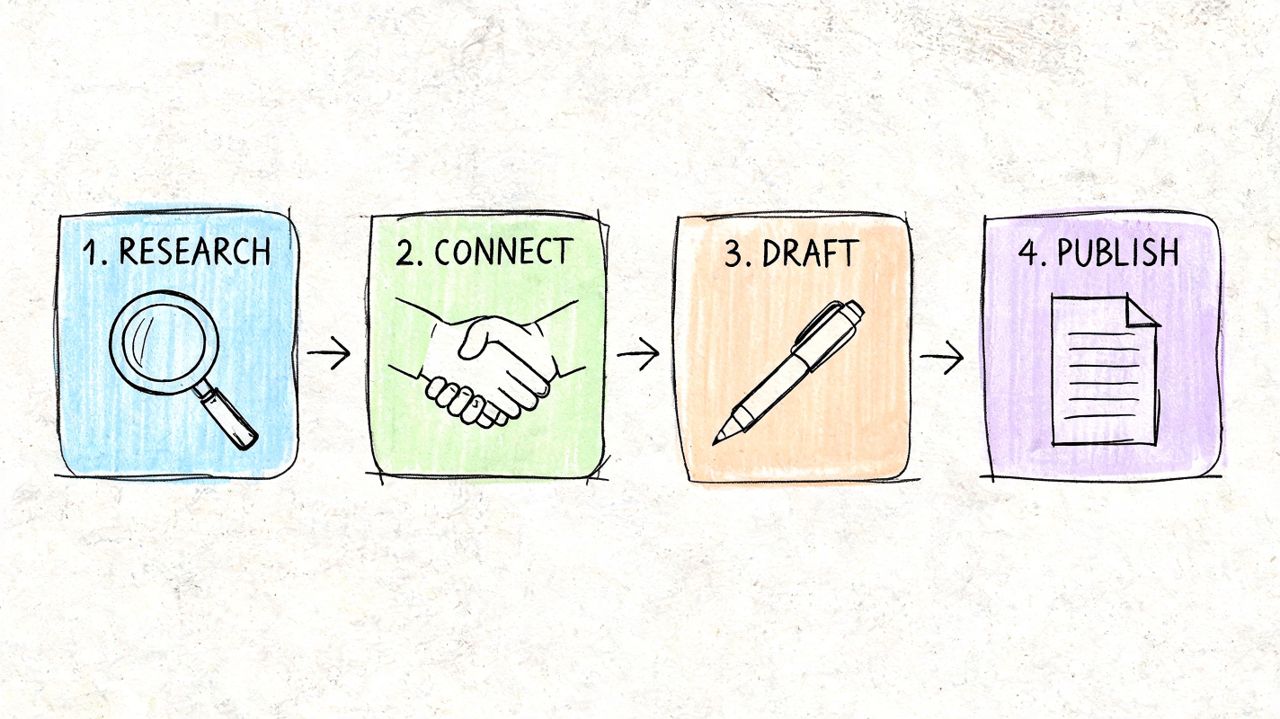 A four-step business process illustration showing research, connection, drafting, and publishing icons in colorful square boxes.