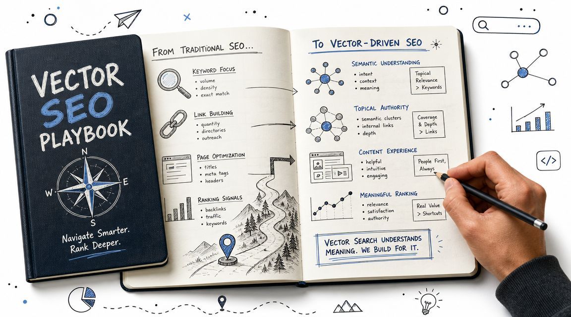 A hand writes in an open notebook illustrating the transition from traditional SEO to vector-driven SEO strategies.