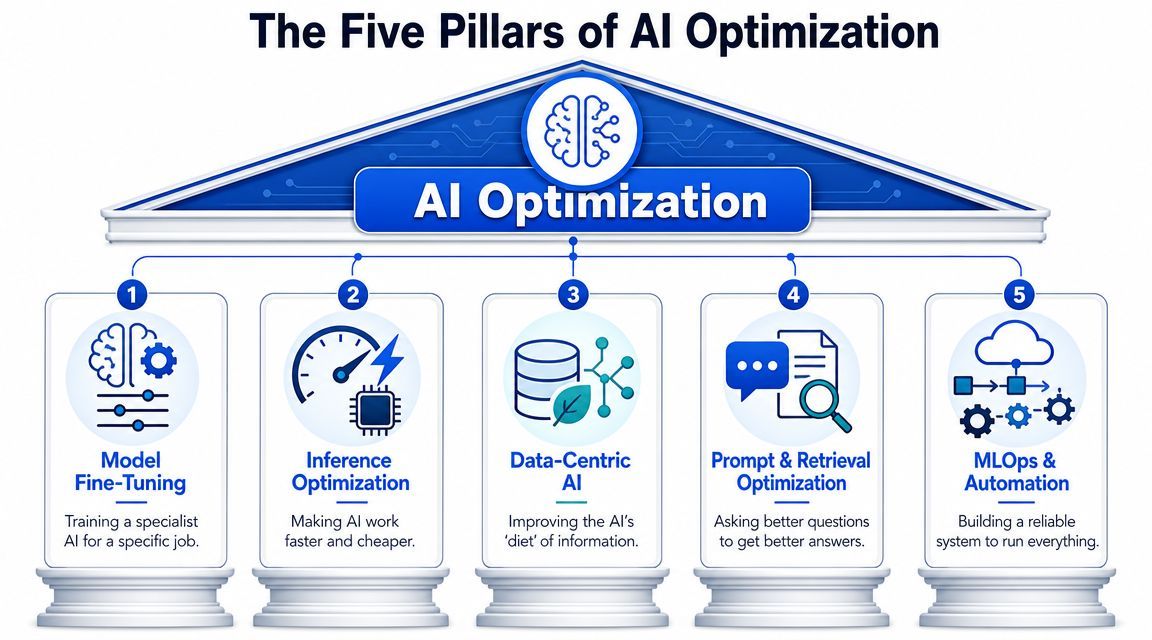 An infographic titled The Five Pillars of AI Optimization showcasing five essential strategies for improving artificial intelligence systems.