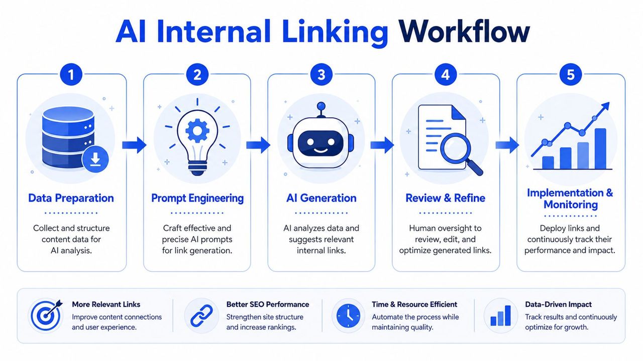 A five-step flowchart illustrating an AI internal linking workflow for SEO optimization and automated link building.