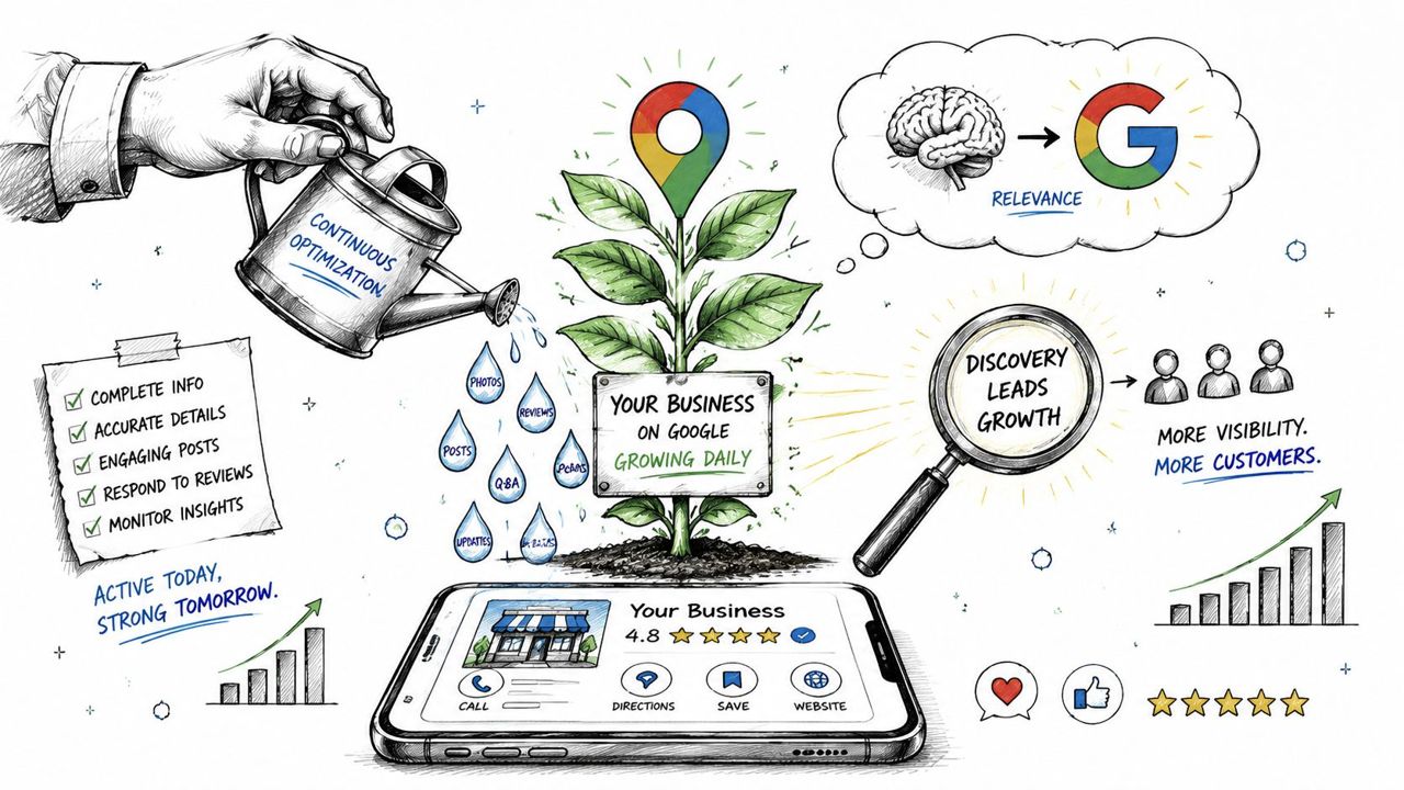 A hand waters a growing Google Business Profile plant, representing growth, optimization, and increased customer visibility.