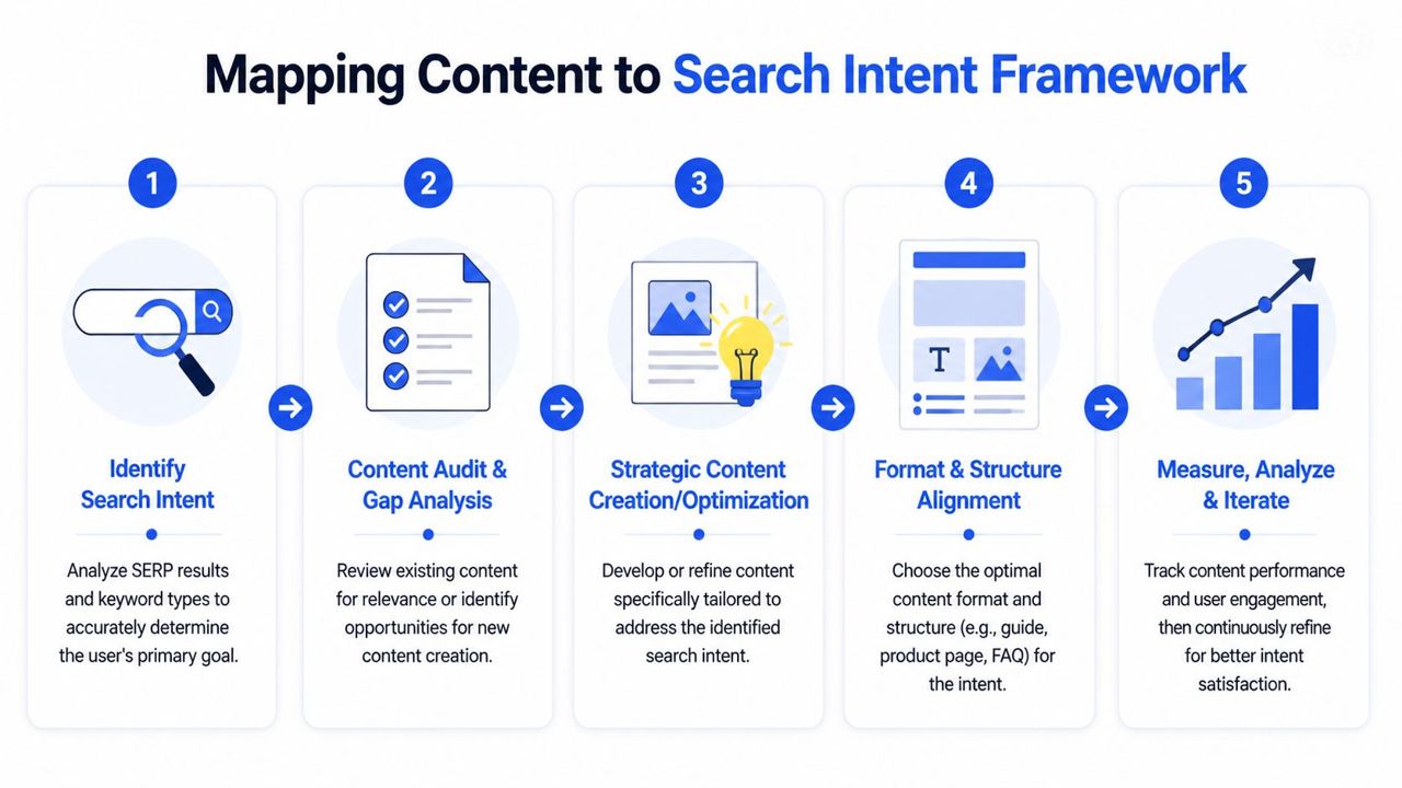 A five-step flowchart illustrating a strategic framework for mapping content to user search intent for SEO success.