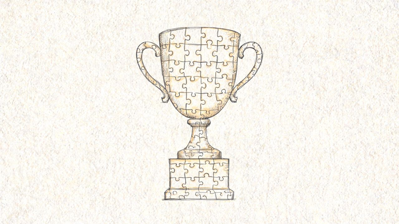 A hand-drawn sketch of a trophy made of puzzle pieces on a textured white background.