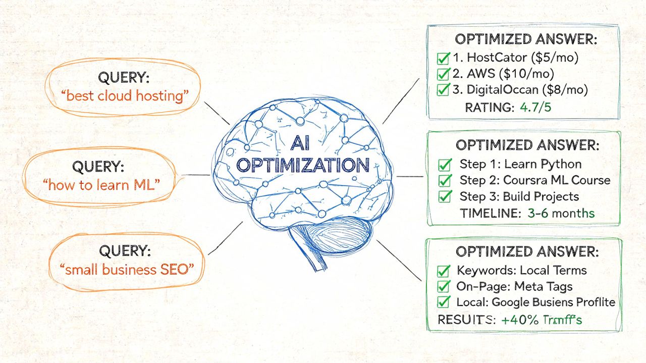 A diagram illustrating how AI optimizes search queries into structured actionable answers for different topics.