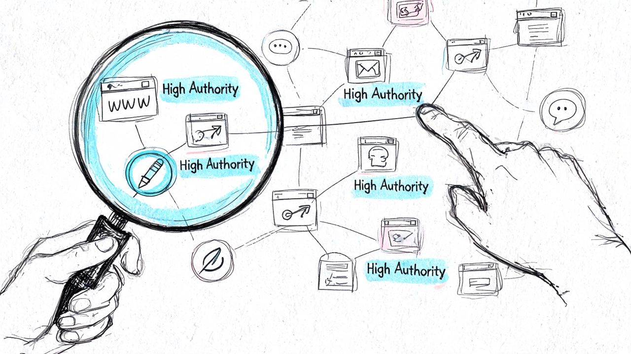 A magnifying glass and hand selecting high authority websites in a digital network map for SEO strategy.