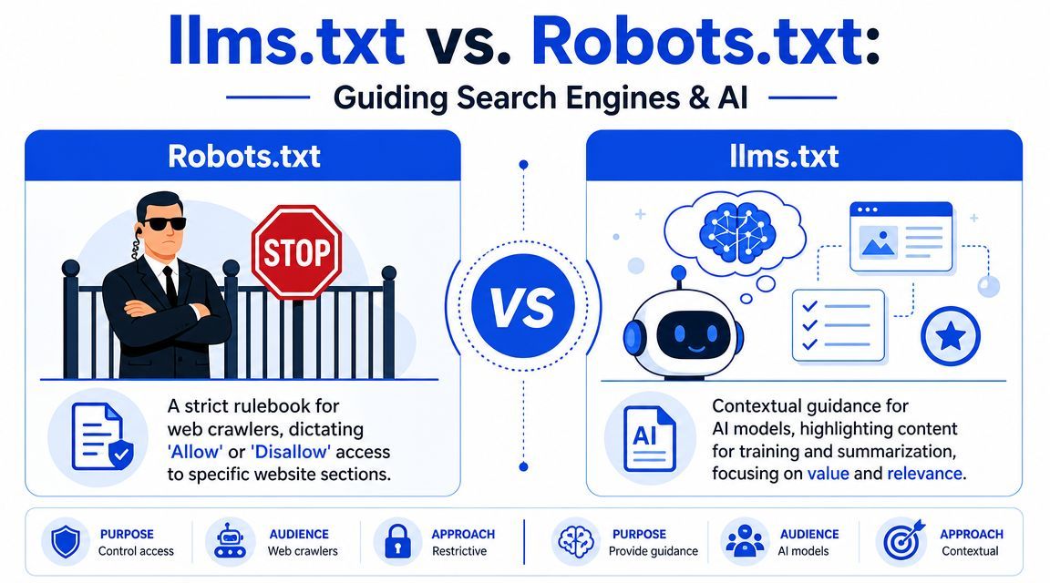 An infographic comparing robots.txt for web crawlers with llms.txt for guiding AI models and search engines.