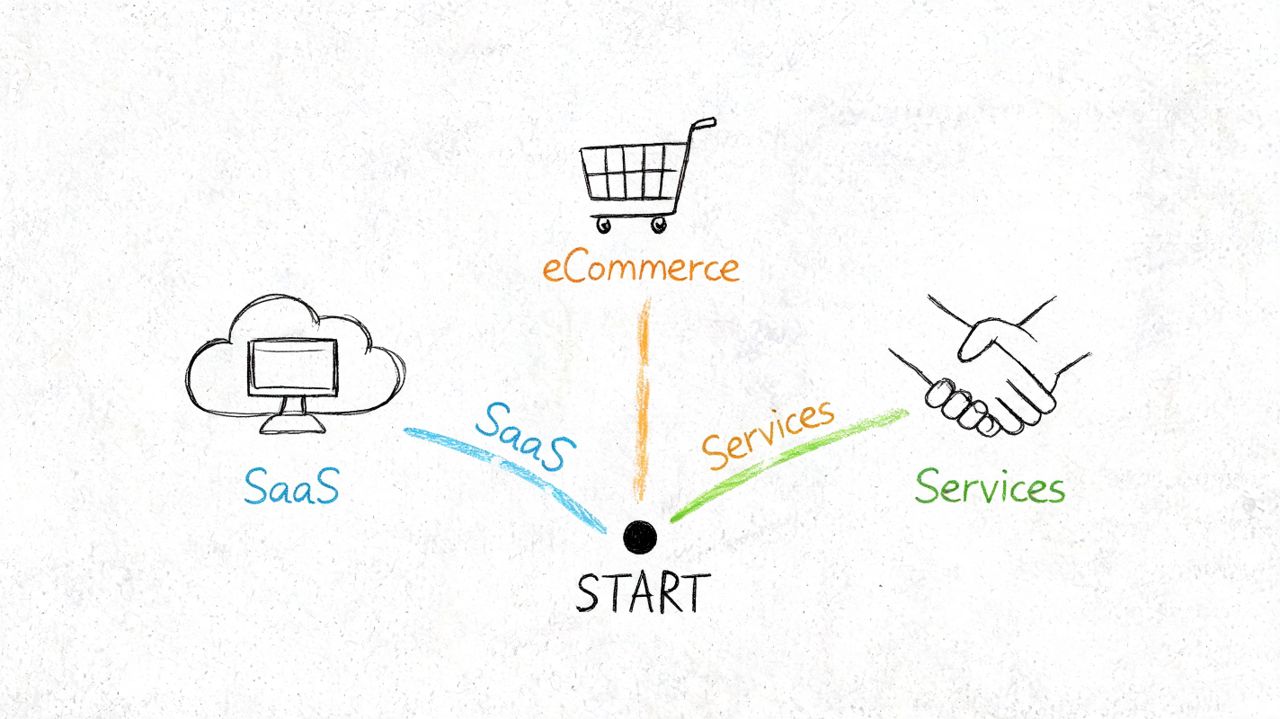 A hand-drawn illustration depicting a central starting point branching into SaaS, e-commerce, and professional services business models.