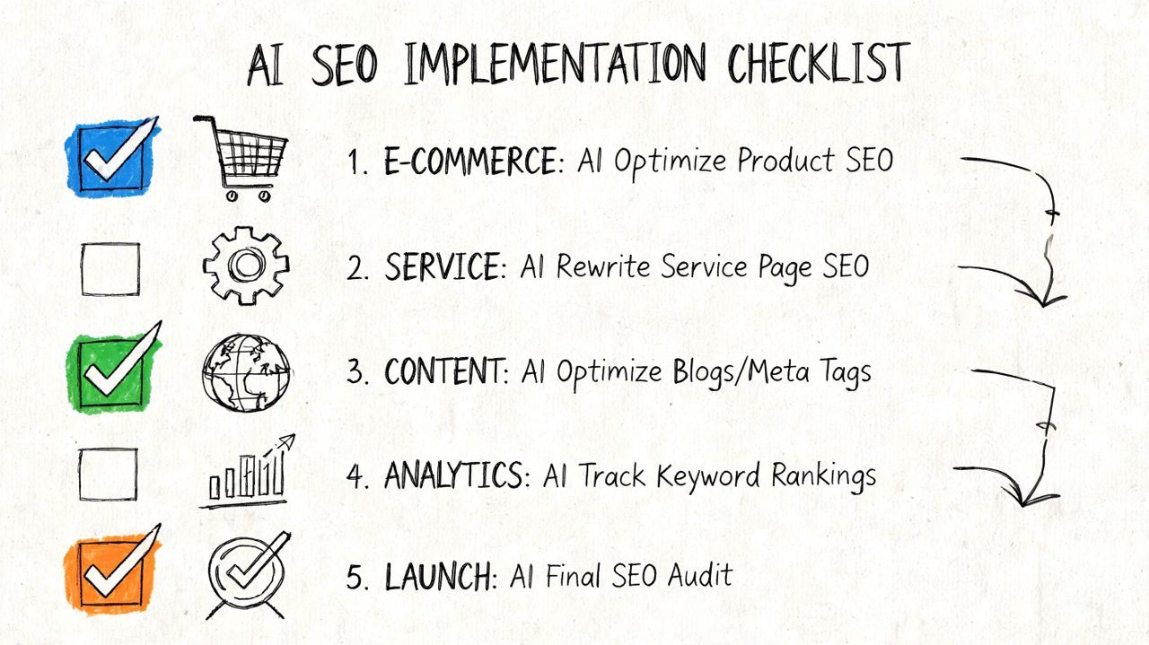 A hand-drawn checklist illustrating five essential steps for implementing AI-driven search engine optimization strategies for businesses.