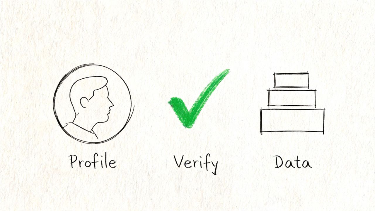 A conceptual sketch illustrating three steps: profile identification, verification checkmark, and data management for business records.