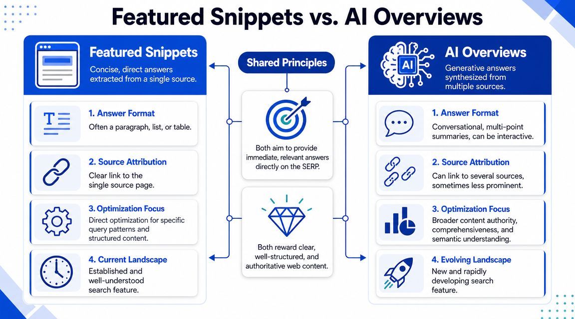 A comparison infographic detailing the key differences and shared principles between Google Featured Snippets and AI Overviews.