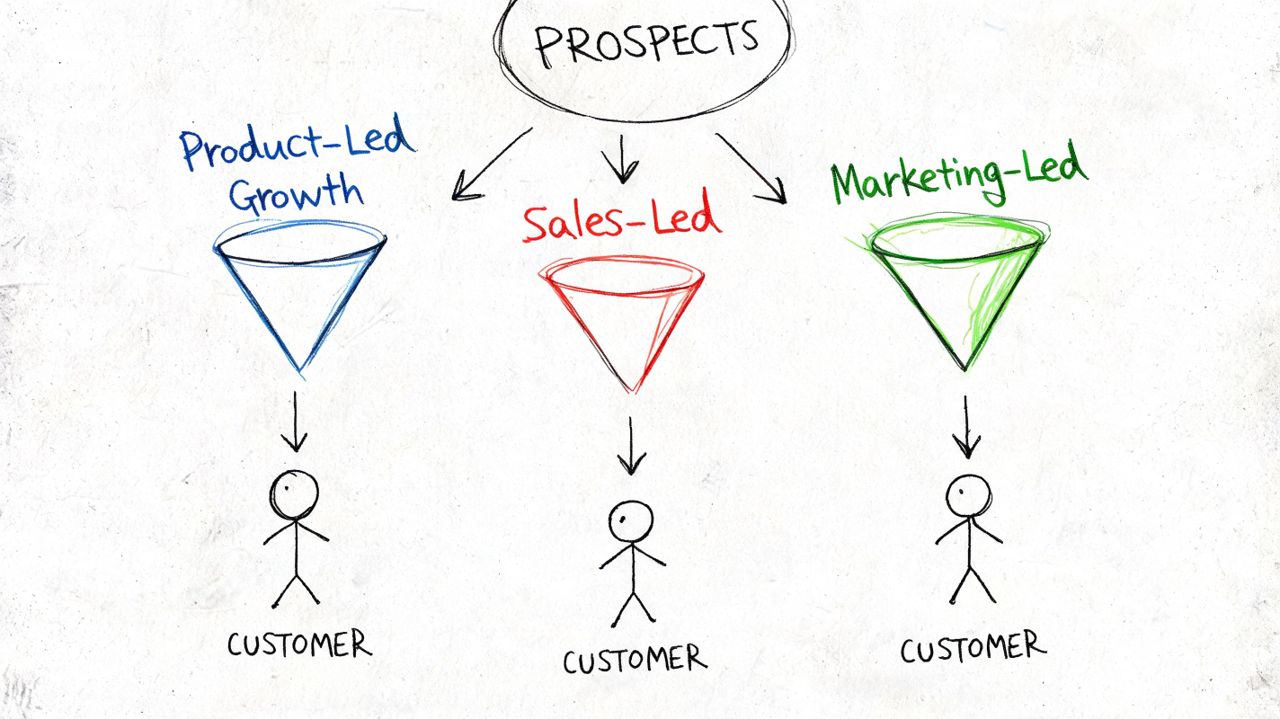 A diagram illustrating three business growth funnels for prospects: Product-Led Growth, Sales-Led, and Marketing-Led models.
