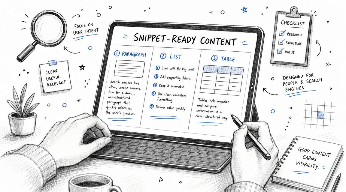 A hand-drawn illustration showing tips for creating content optimized for search engine featured snippets on a tablet.