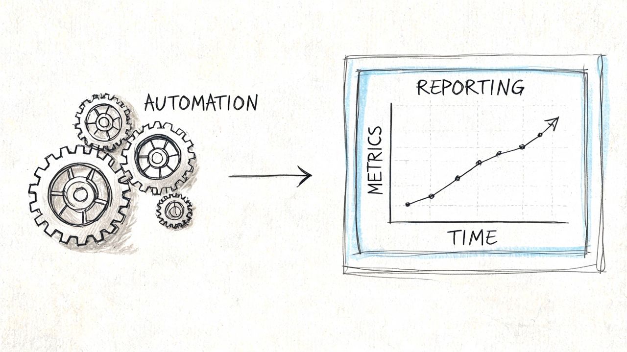 A hand-drawn illustration showing gears labeled Automation connecting to a line graph labeled Reporting.
