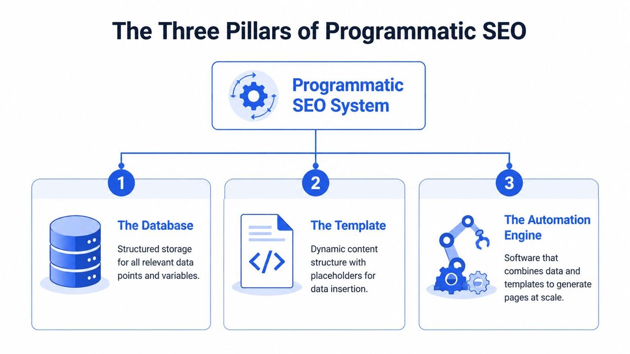 A diagram illustrating the three essential pillars of a programmatic SEO system: database, template, and automation engine.