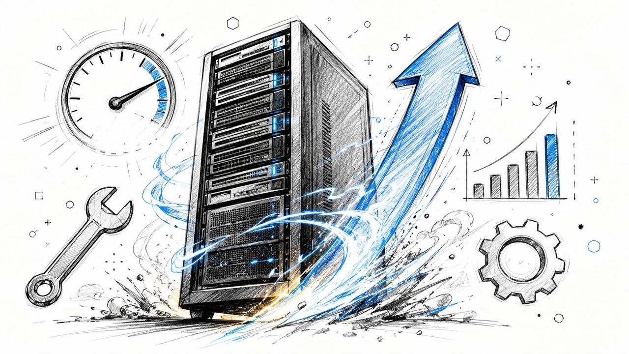 A hand-drawn illustration of a server tower with performance icons like a speedometer and upward graph.