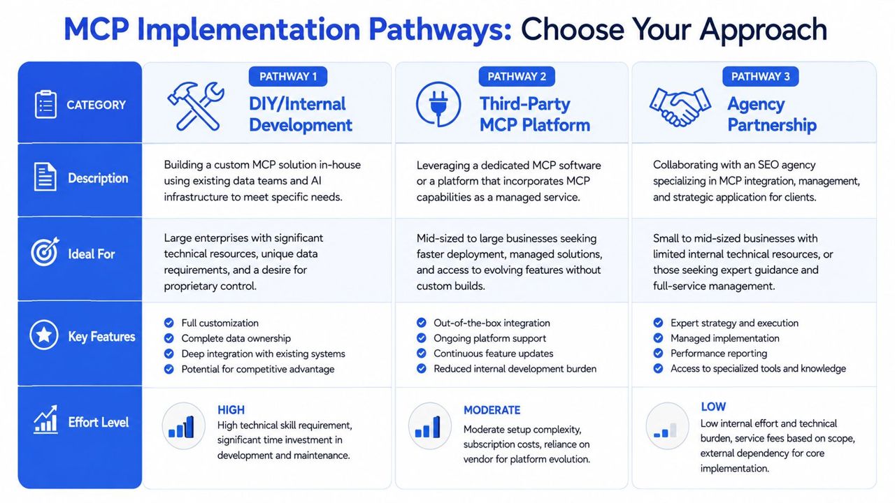 A comparison chart outlining three distinct implementation pathways for adopting MCP technology: DIY, platform, and agency.