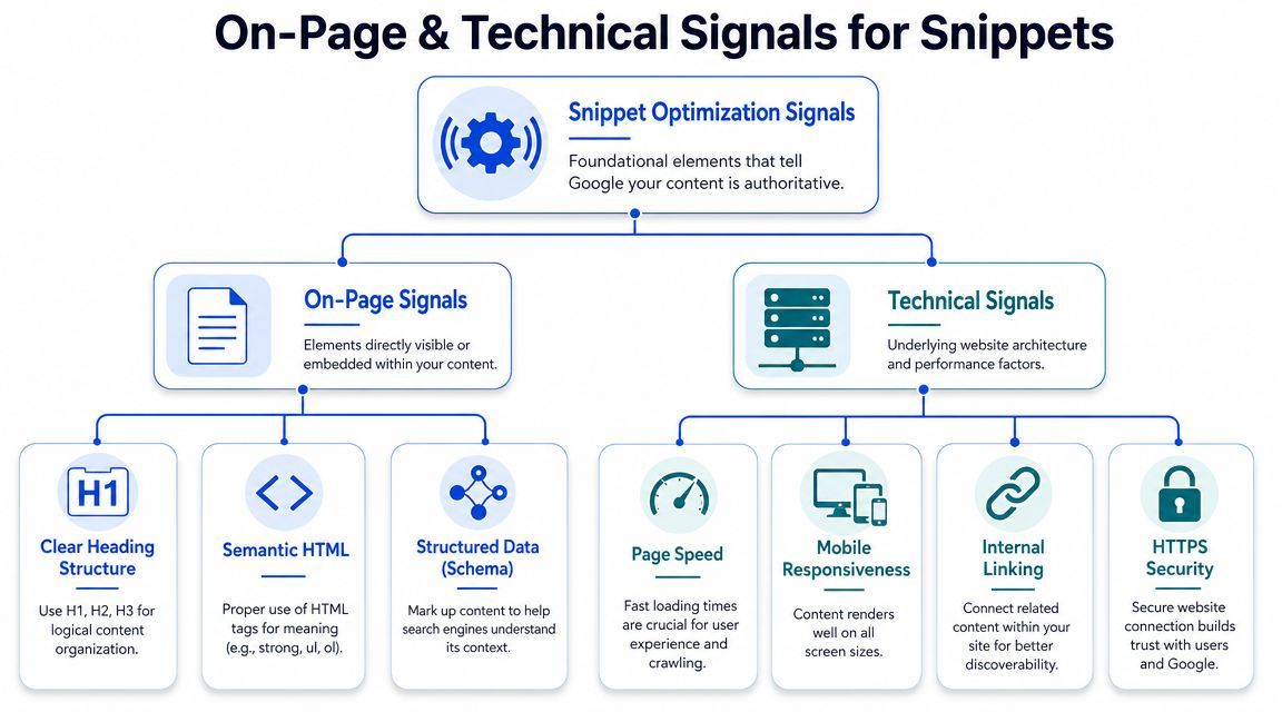 A flow chart illustrating On-Page and Technical Signals for optimizing web content for featured snippets.