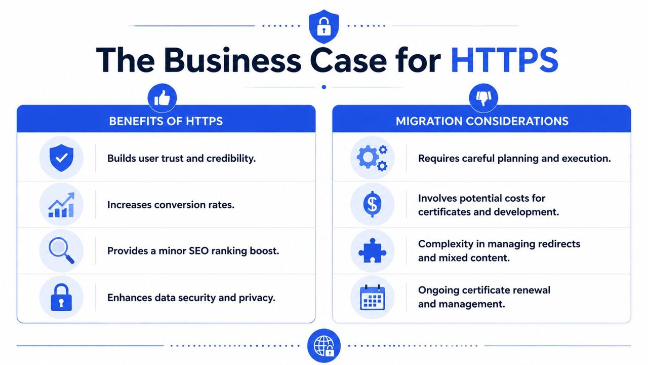 A professional infographic detailing the primary benefits and migration considerations for adopting HTTPS on a website.