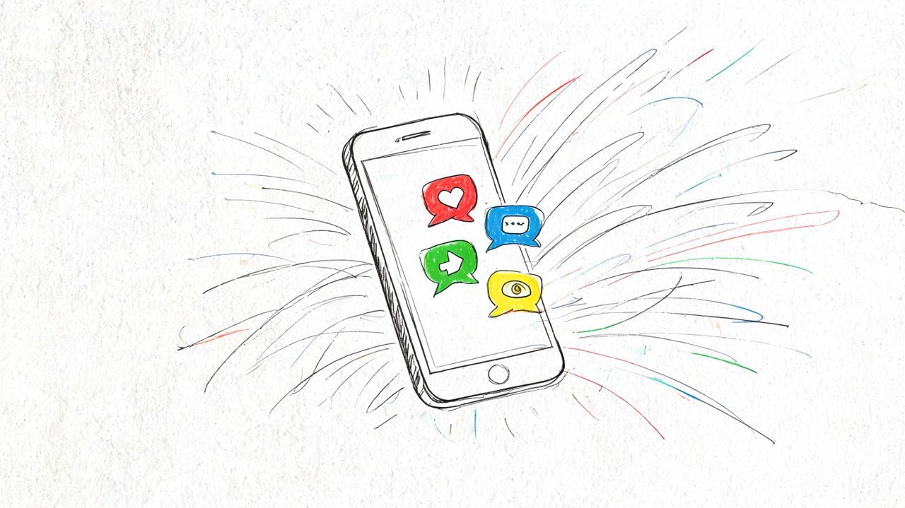 A hand-drawn illustration of a smartphone displaying colorful social media notification icons on its screen.
