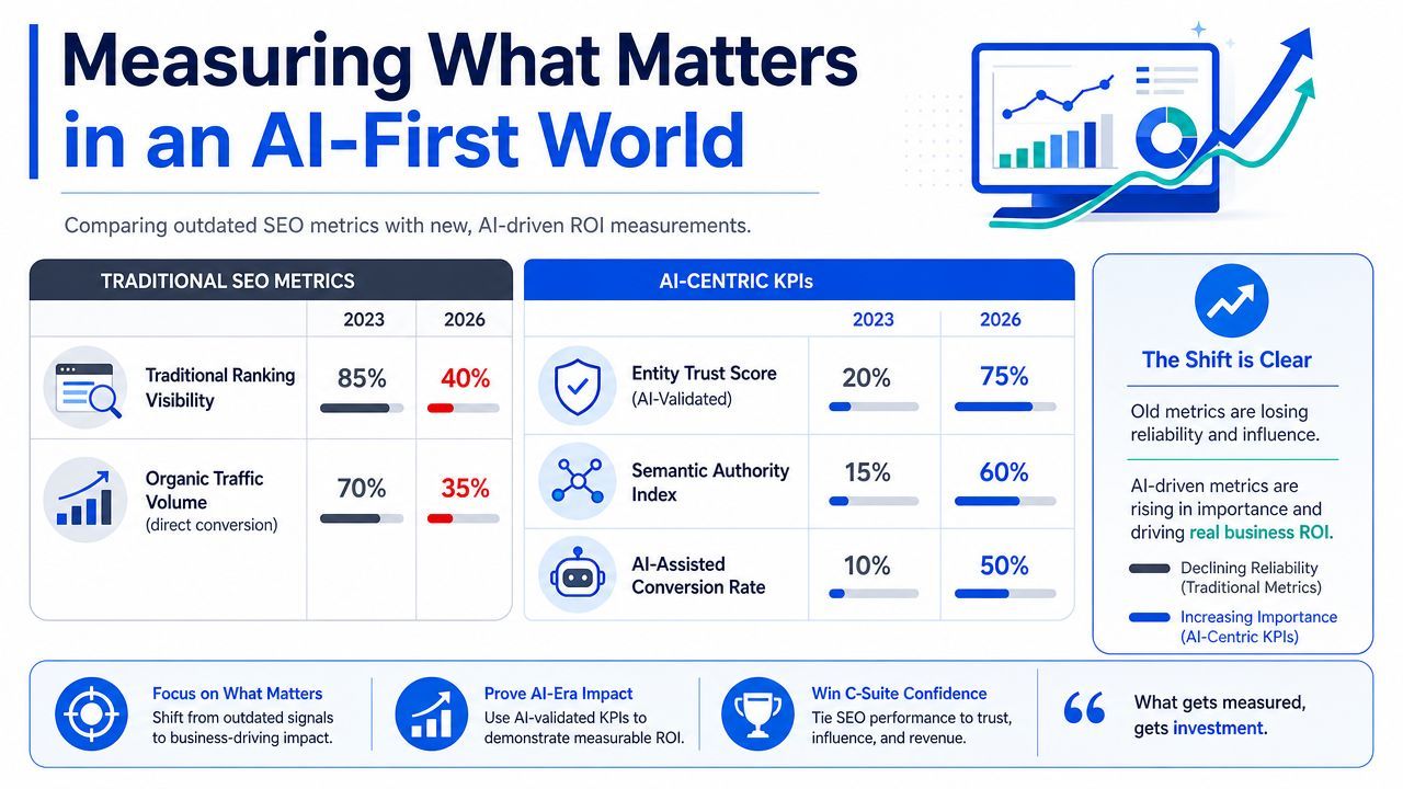 A comparison chart showing the shift from traditional SEO metrics to new AI-centric KPIs for 2023 and 2026.