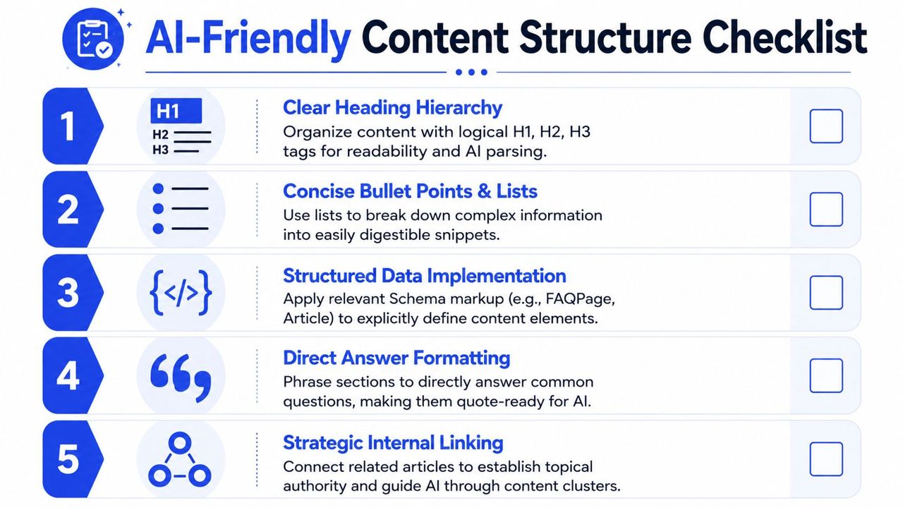 A checklist titled AI-Friendly Content Structure featuring five numbered steps for optimizing digital content for AI.