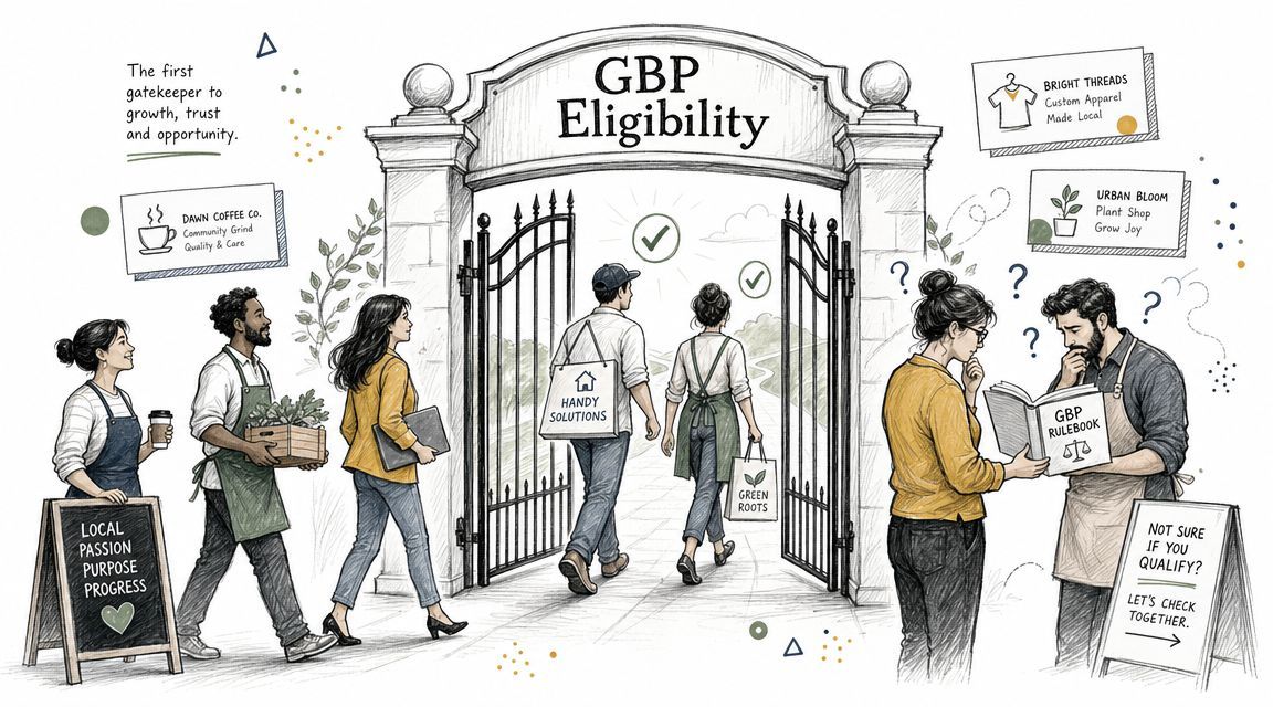 A hand-drawn illustration showing business owners navigating the eligibility requirements for Google Business Profiles.