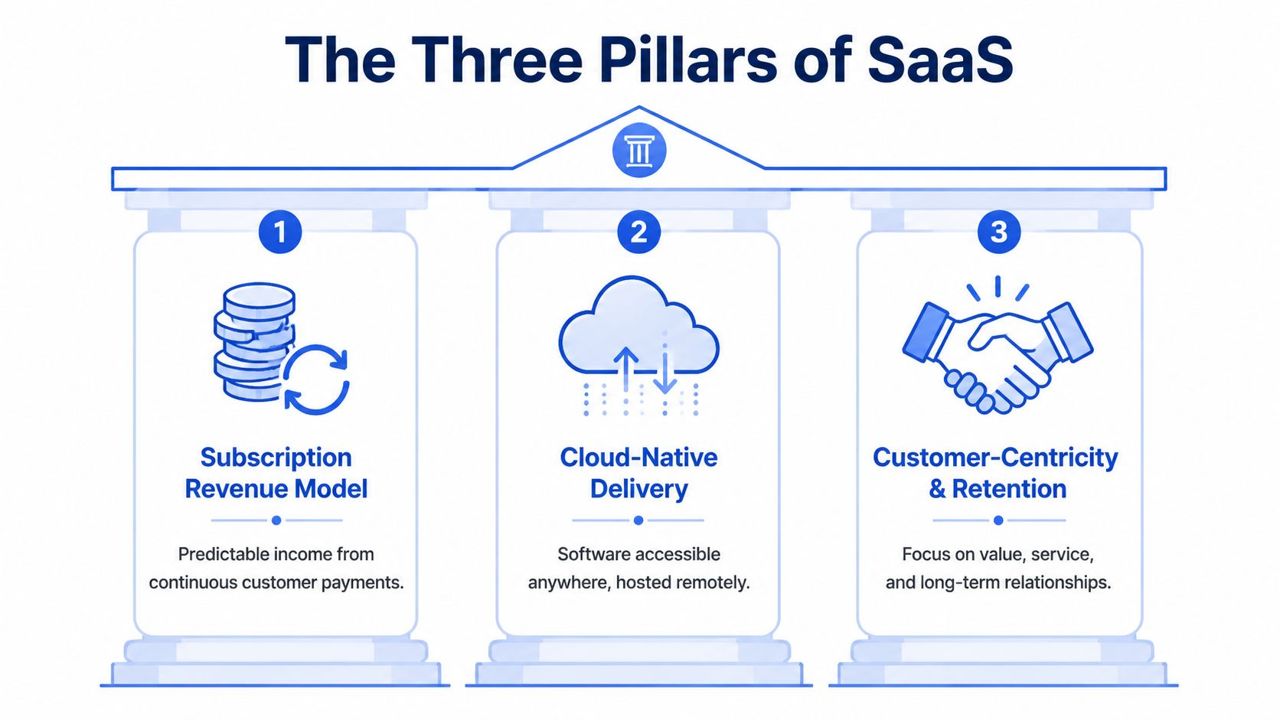 An infographic titled The Three Pillars of SaaS illustrating subscription revenue, cloud delivery, and customer-centricity.