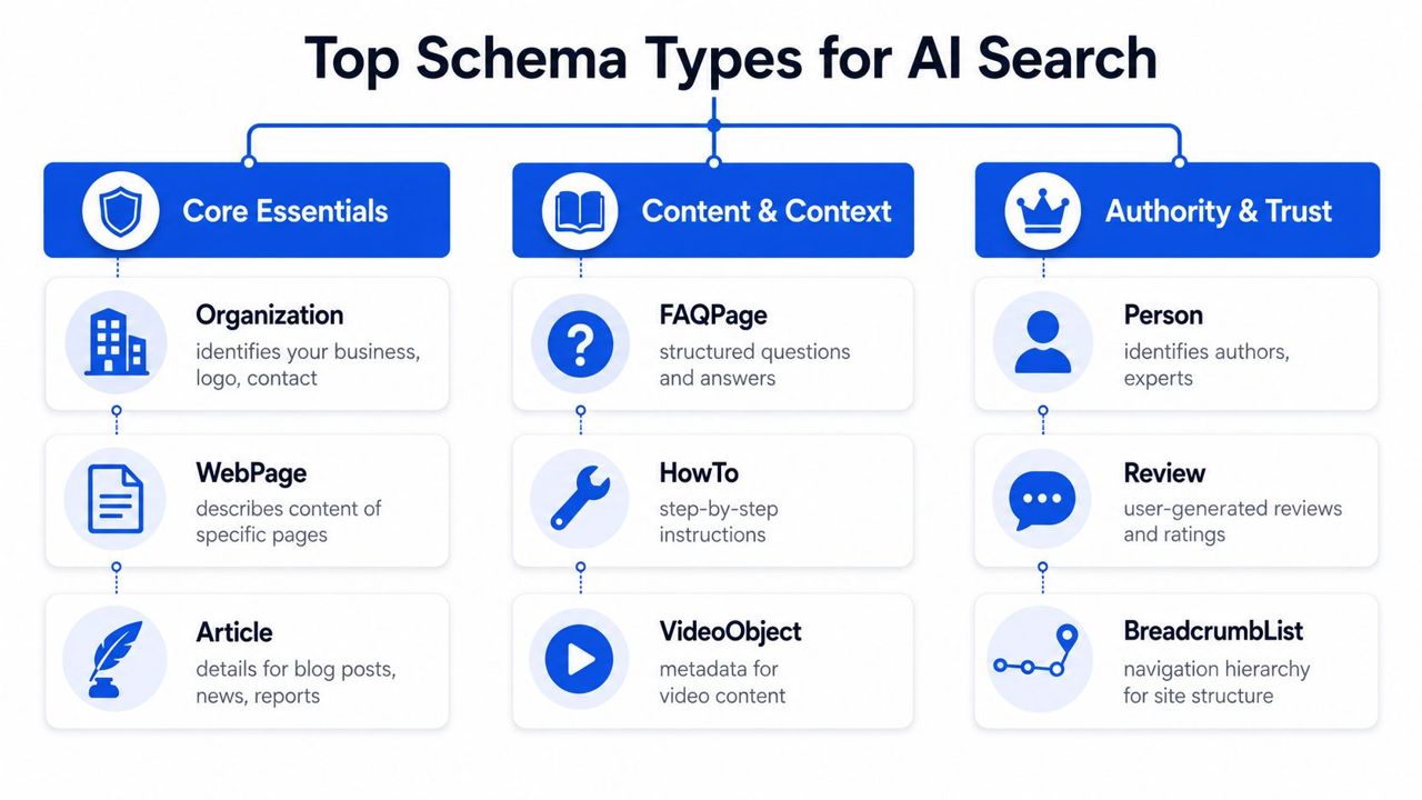 A visual guide showing top schema markup types for AI search categorized into core, content, and authority.